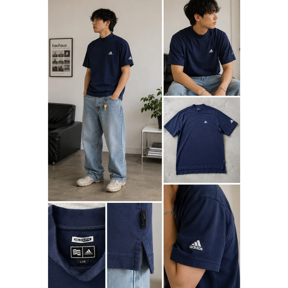 Vintage Adidas ClimaLite Mock Neck Tee Navy Blue Minimal Logo Shirt Men’s Large